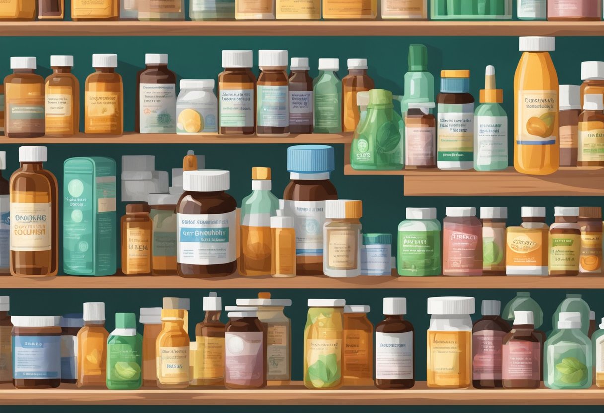 A bottle of cough medicine sits on a pharmacy shelf, surrounded by various cough treatments and remedies