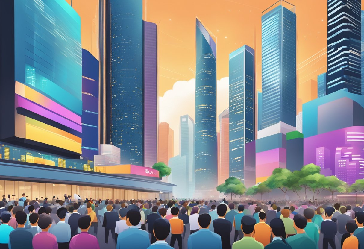 The Singapore stock market buzzes with traders, screens flickering with fluctuating numbers, and a backdrop of modern skyscrapers