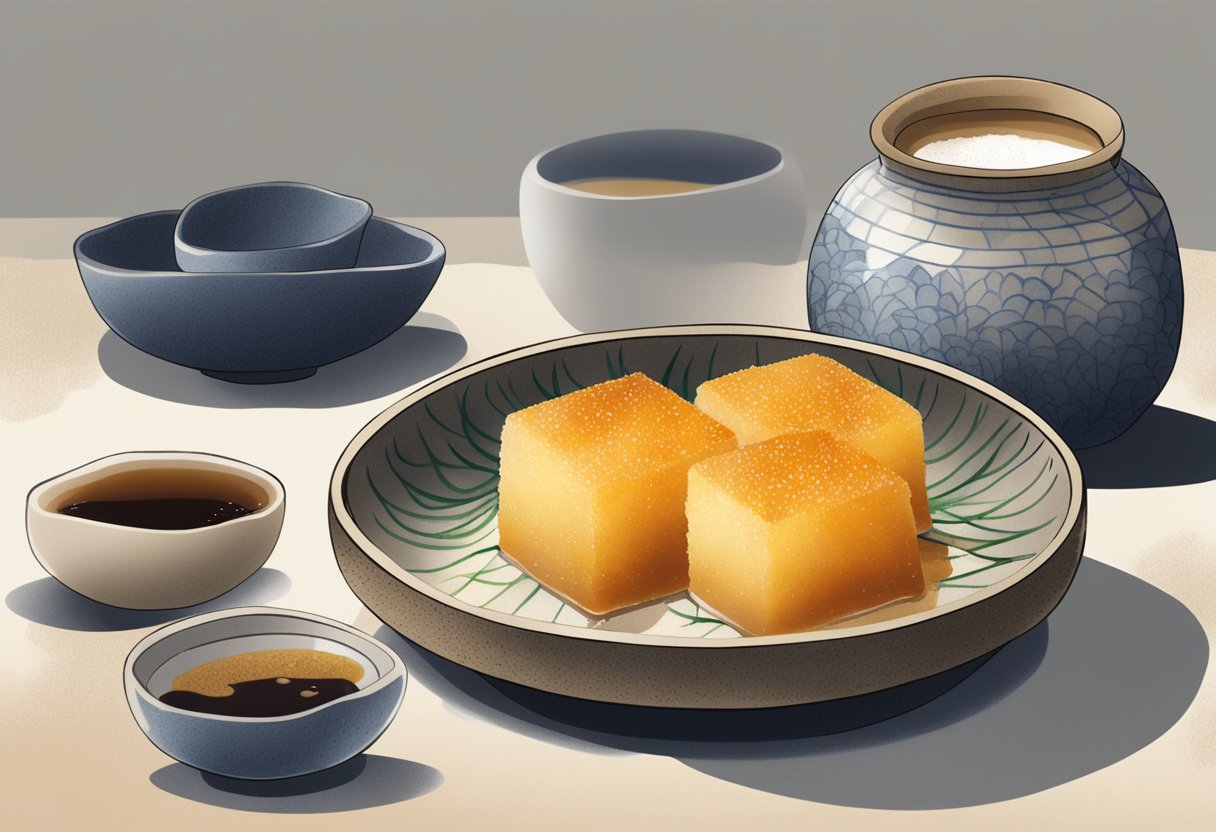 A plate of warabi mochi sits on a traditional Japanese serving dish, garnished with kinako powder and drizzled with kuromitsu syrup