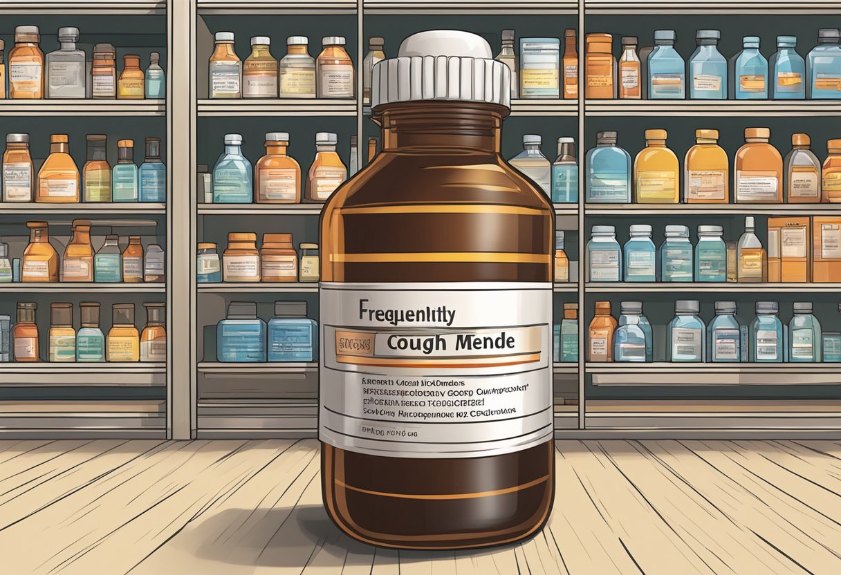 A bottle of cough medicine with a label reading "Frequently Asked Questions" in a pharmacy in Singapore