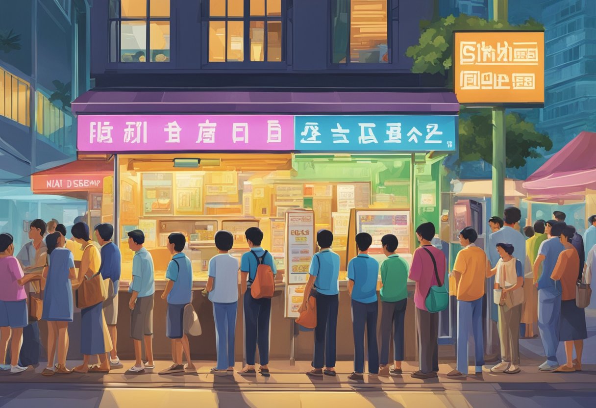 A bustling 1975 Singapore street with people lining up at a "Frequently Asked Questions" booth, with colorful signs and a vibrant atmosphere