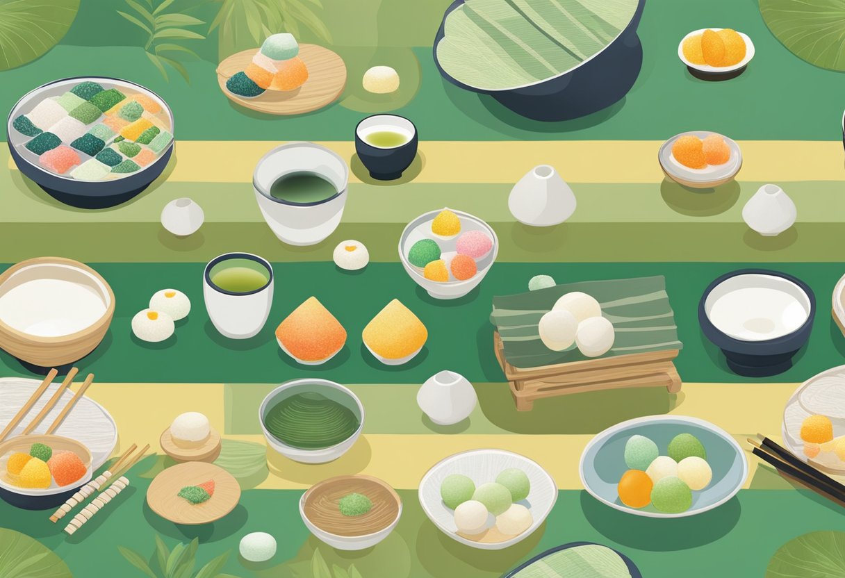 A table set with a variety of colorful and delicate Warabi Mochi, surrounded by Japanese decor and green tea