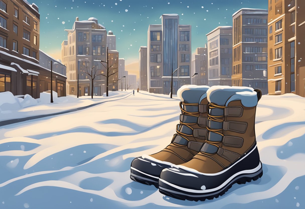 Snow-covered streets with a pair of cozy winter boots in the foreground, surrounded by tall buildings and a chilly winter sky