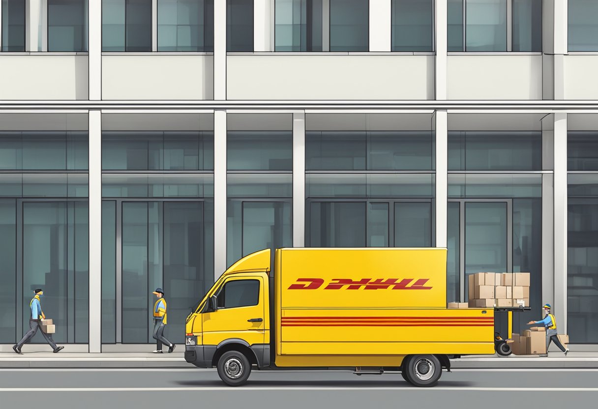 A DHL delivery truck parked outside a Singaporean office building, with a person unloading packages onto a dolly