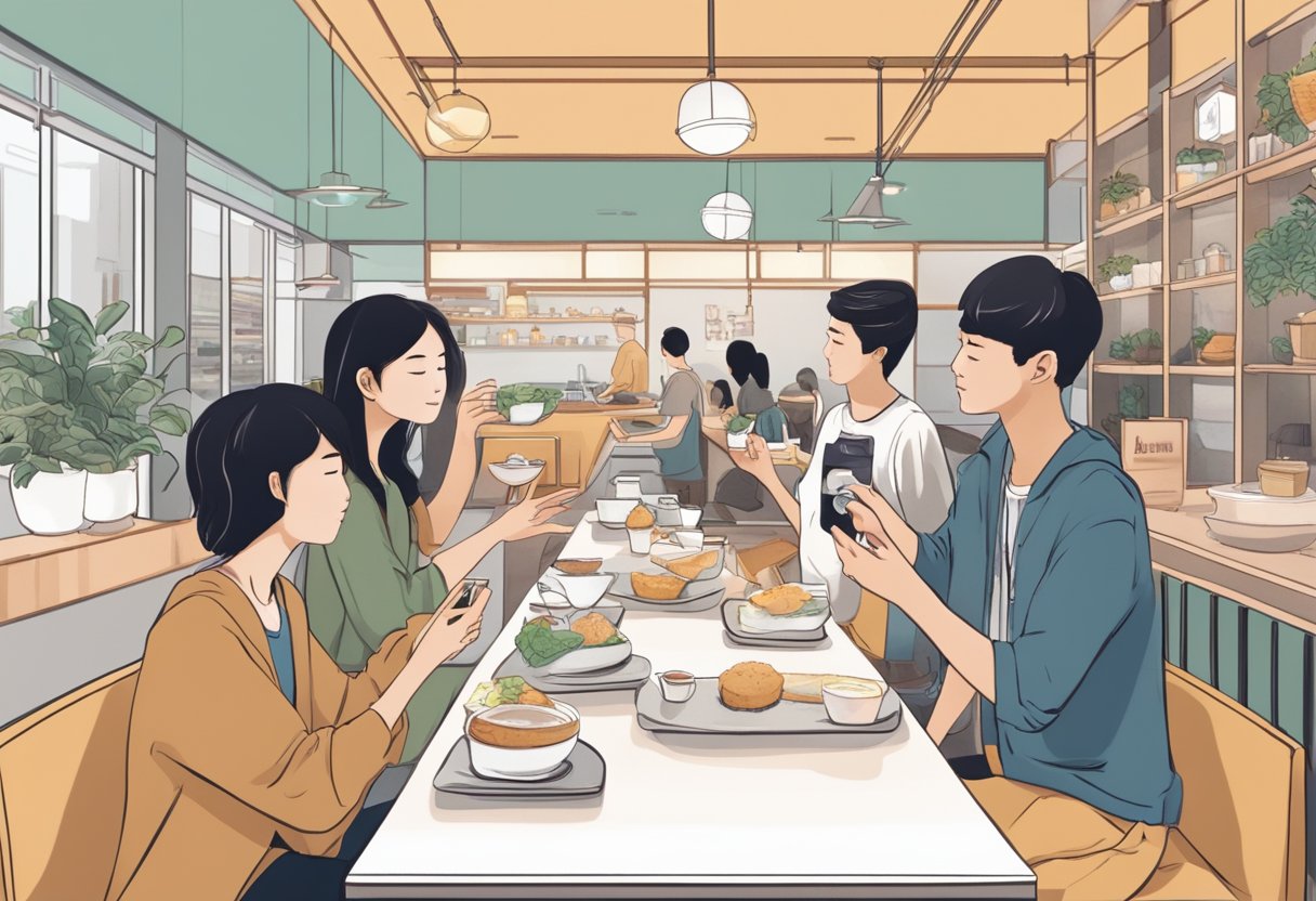 A table set with warabi mochi in a modern Singapore cafe, surrounded by young locals taking photos for social media