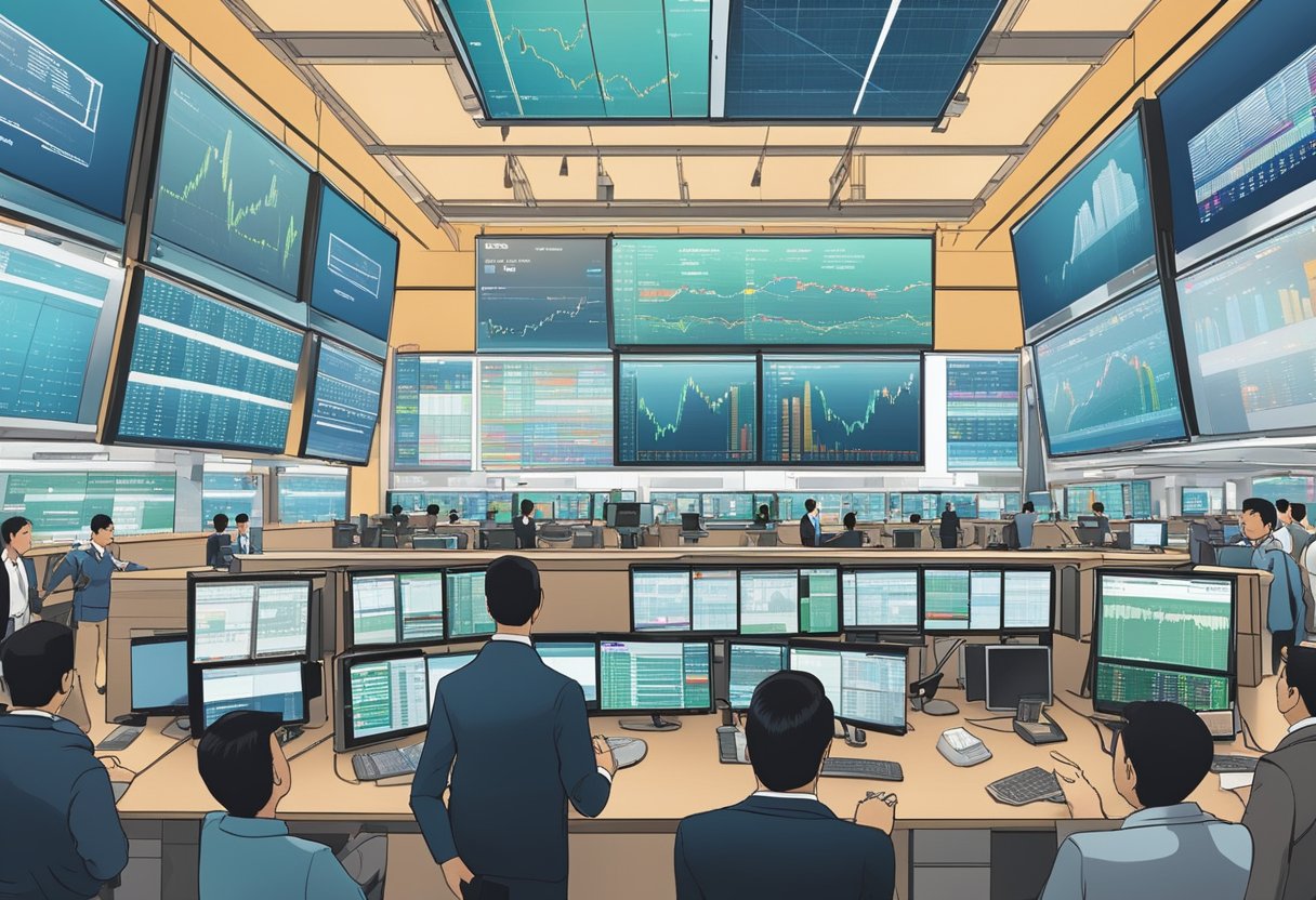 A bustling stock exchange floor with traders gesturing and shouting, screens displaying stock prices, and a backdrop of Singapore's iconic skyline