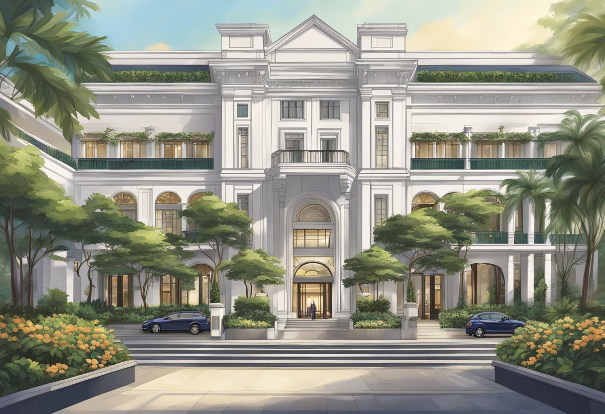 The elegant architecture of Sofitel Singapore, with its grand entrance and lush gardens, exudes luxury and sophistication