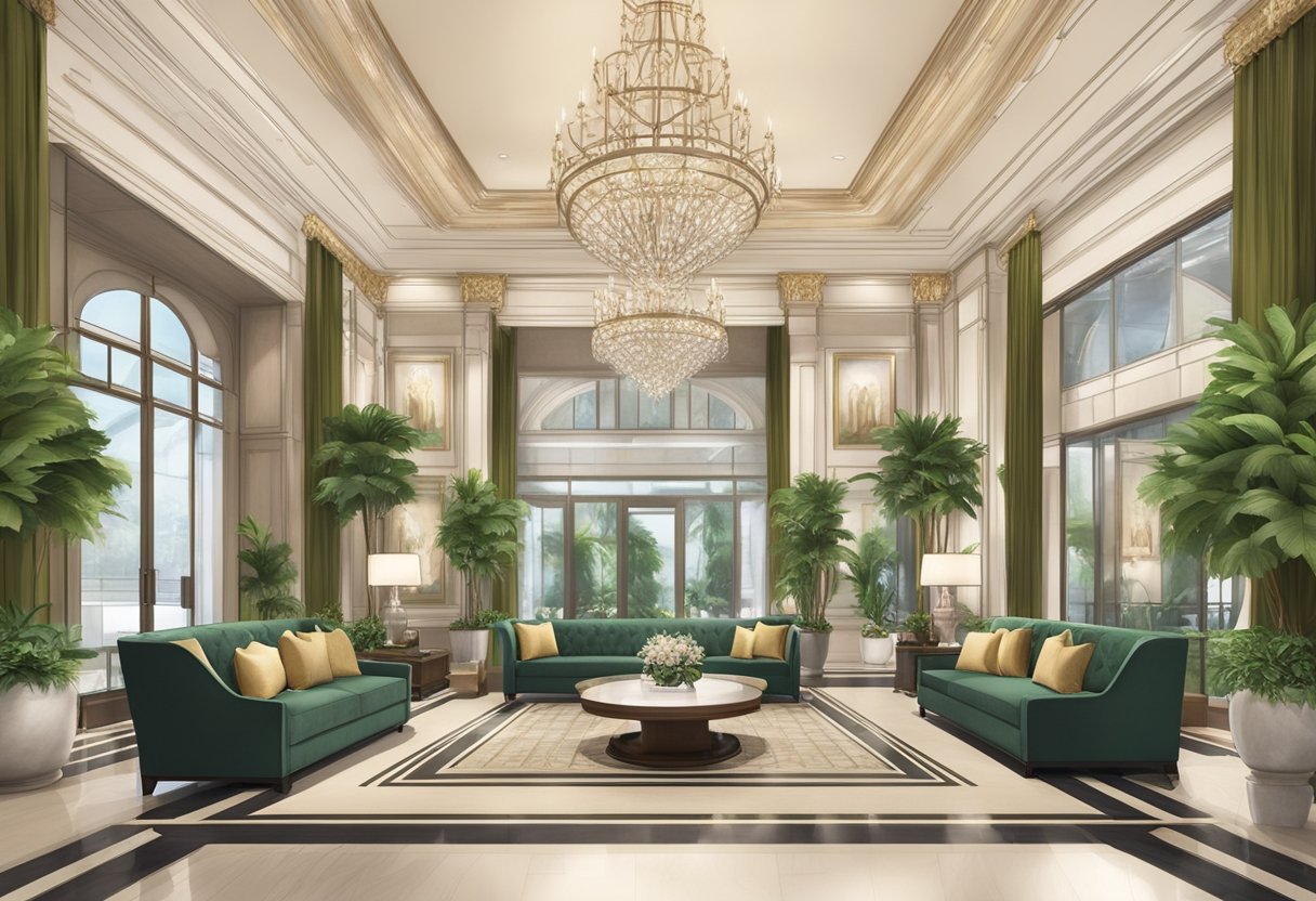 Luxurious lobby with high ceilings, elegant furnishings, and a grand chandelier. A reception desk and comfortable seating areas. Elegant lighting and lush greenery add to the ambiance