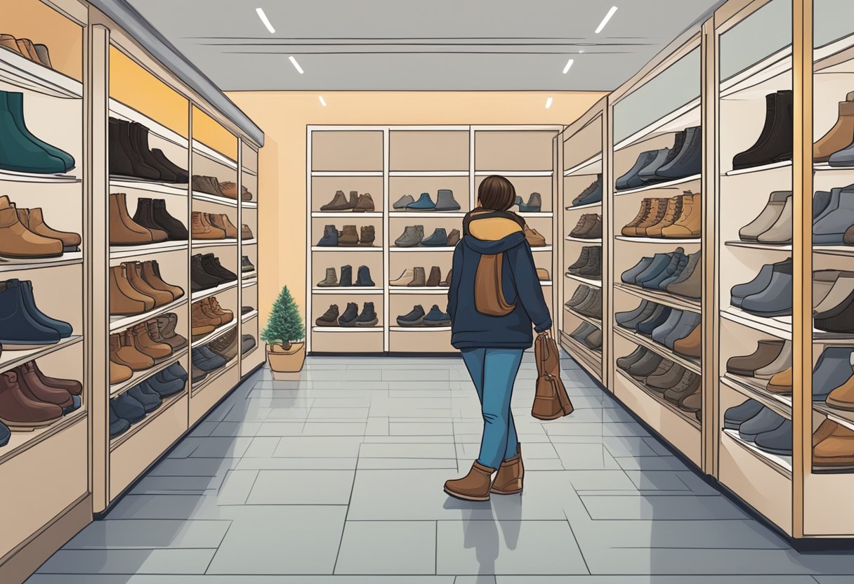 A person carefully selecting winter boots from a variety of options displayed in a store