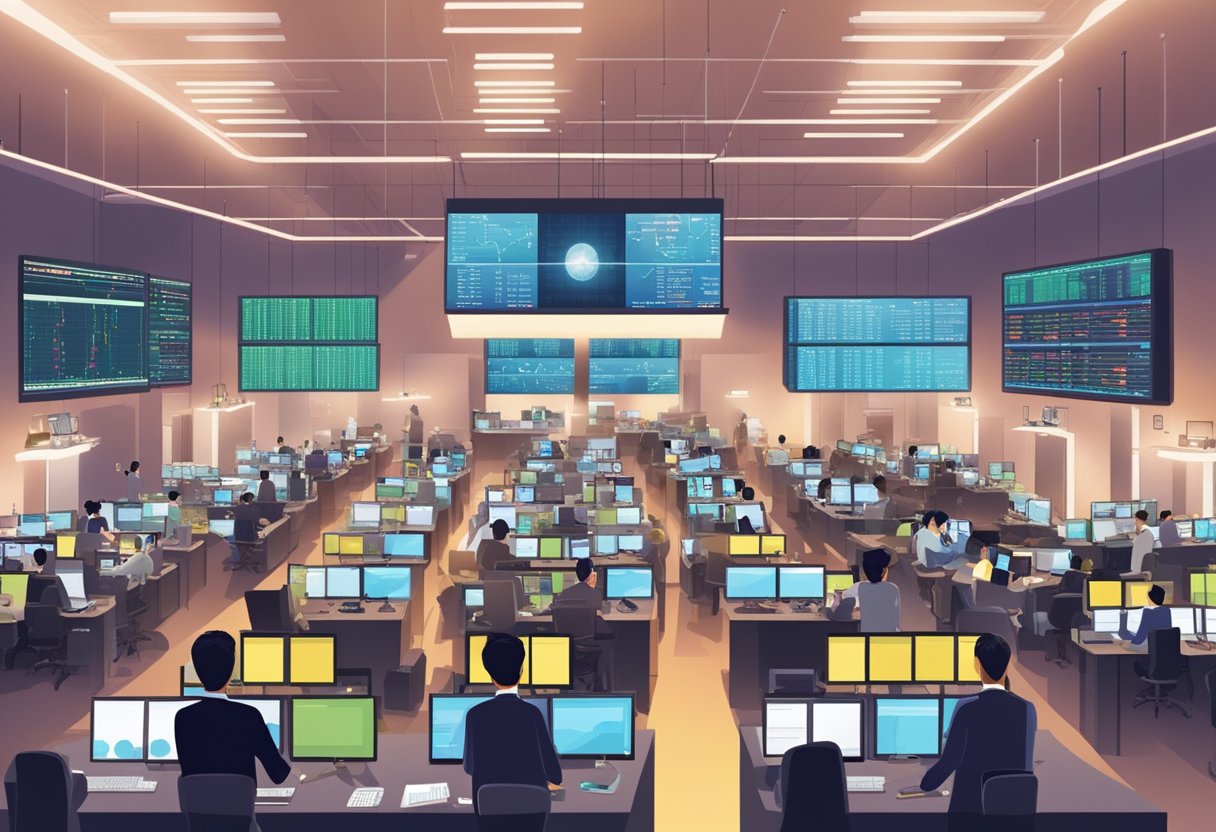 A bustling Singapore stock market with traders, screens, and ticker boards. Bright lights and a sense of urgency fill the room