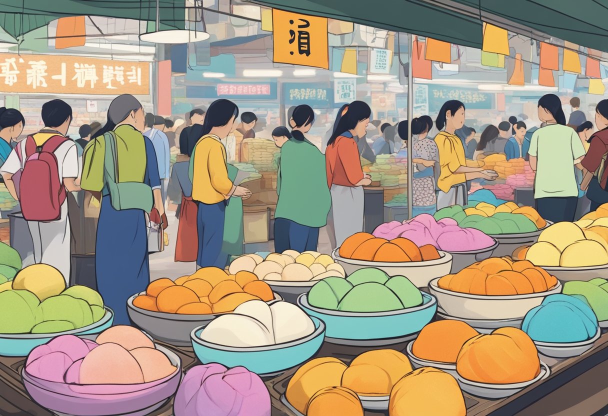 A display of colorful warabi mochi with a sign reading "Frequently Asked Questions" in a bustling Singapore market