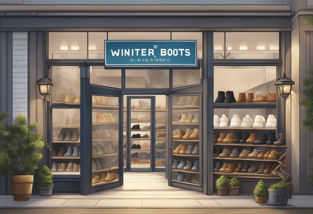 A cozy shoe store in Singapore displays a variety of winter boots, with a sign reading "Winter Boots Singapore" above the entrance