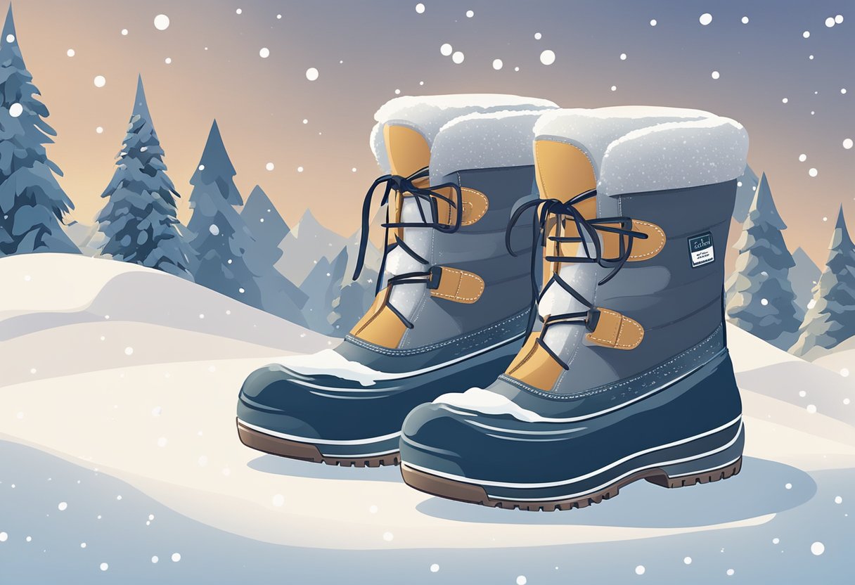 A pair of winter boots displayed on a snowy background with the words "Frequently Asked Questions winter boots singapore" in bold lettering above them