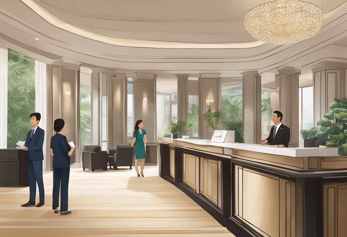 Guests lining up at the reception desk of Sofitel Singapore, with a staff member assisting a guest. The elegant hotel lobby features modern decor and a warm ambience