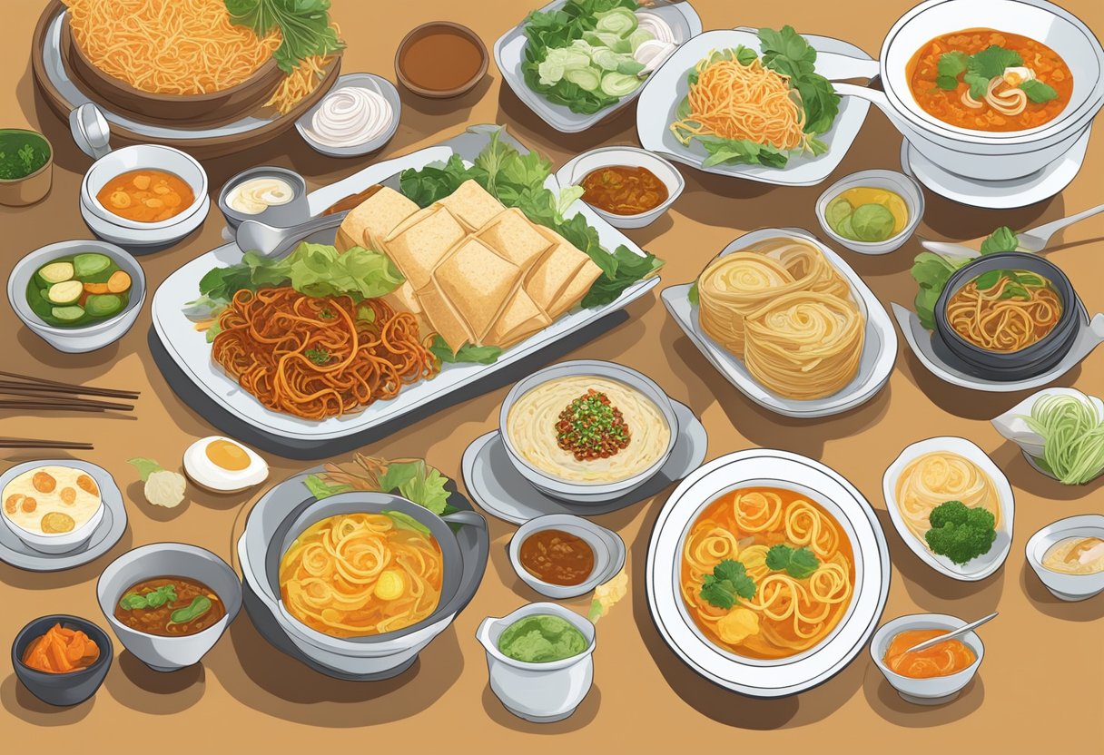 A table set with a colorful array of vegetarian dishes from Singapore, including laksa, popiah, and carrot cake