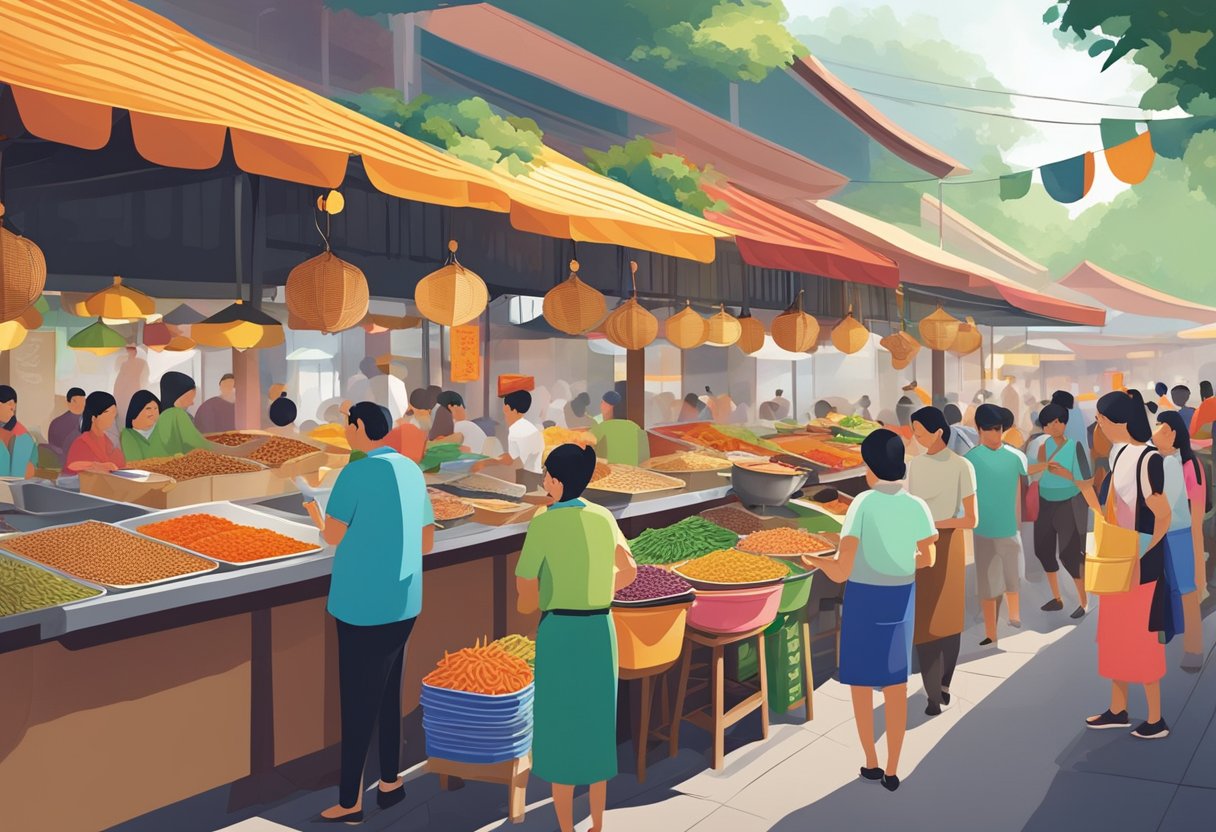 A bustling hawker center in Singapore, with colorful stalls offering a variety of vegetarian dishes from different cultures. The aroma of spices and sizzling vegetables fills the air as people gather to sample the diverse and flavorful cuisine