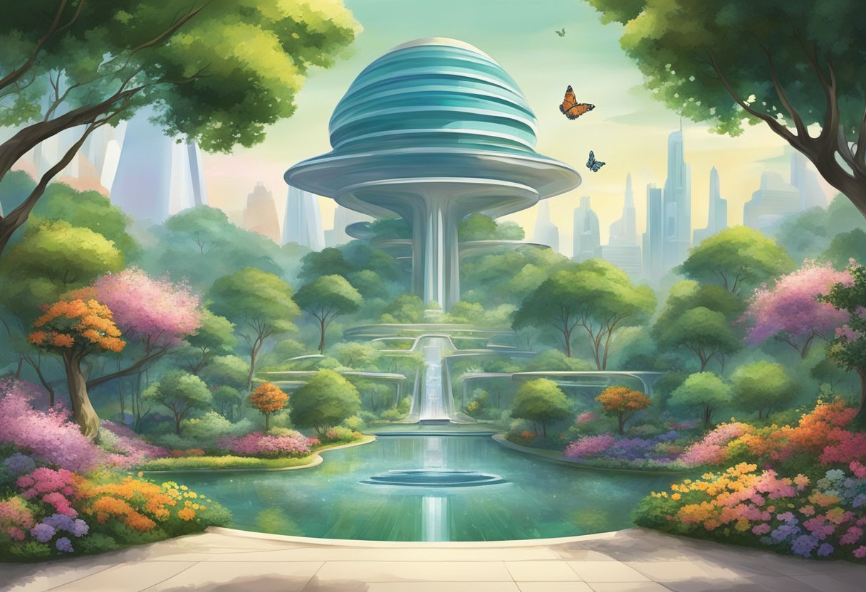 Lush greenery and vibrant flowers fill the gardens, with towering supertrees and futuristic structures creating a stunning backdrop. The air is filled with the sweet scent of blossoms, and colorful butterflies flit from one flower to another