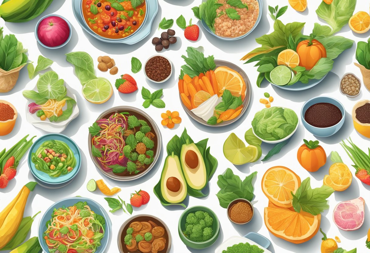 A colorful spread of vegetarian and vegan dishes from Singapore, including vibrant fruits and vegetables, aromatic spices, and flavorful plant-based proteins
