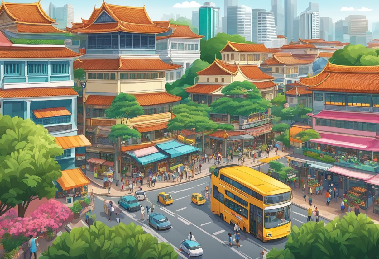 Busy streets, colorful shophouses, iconic skyline, lush gardens, and bustling hawker centers in Singapore
