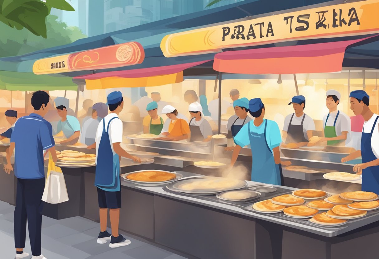 A bustling hawker center with colorful stalls selling prata in Singapore. Steam rises from sizzling griddles as chefs flip and stretch the dough. Customers eagerly await their freshly cooked prata