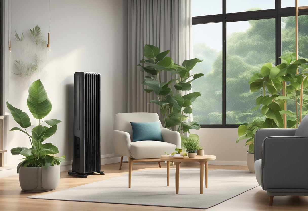 A sleek air cooler sits in a modern Singaporean living room, surrounded by lush green plants and bathed in soft natural light