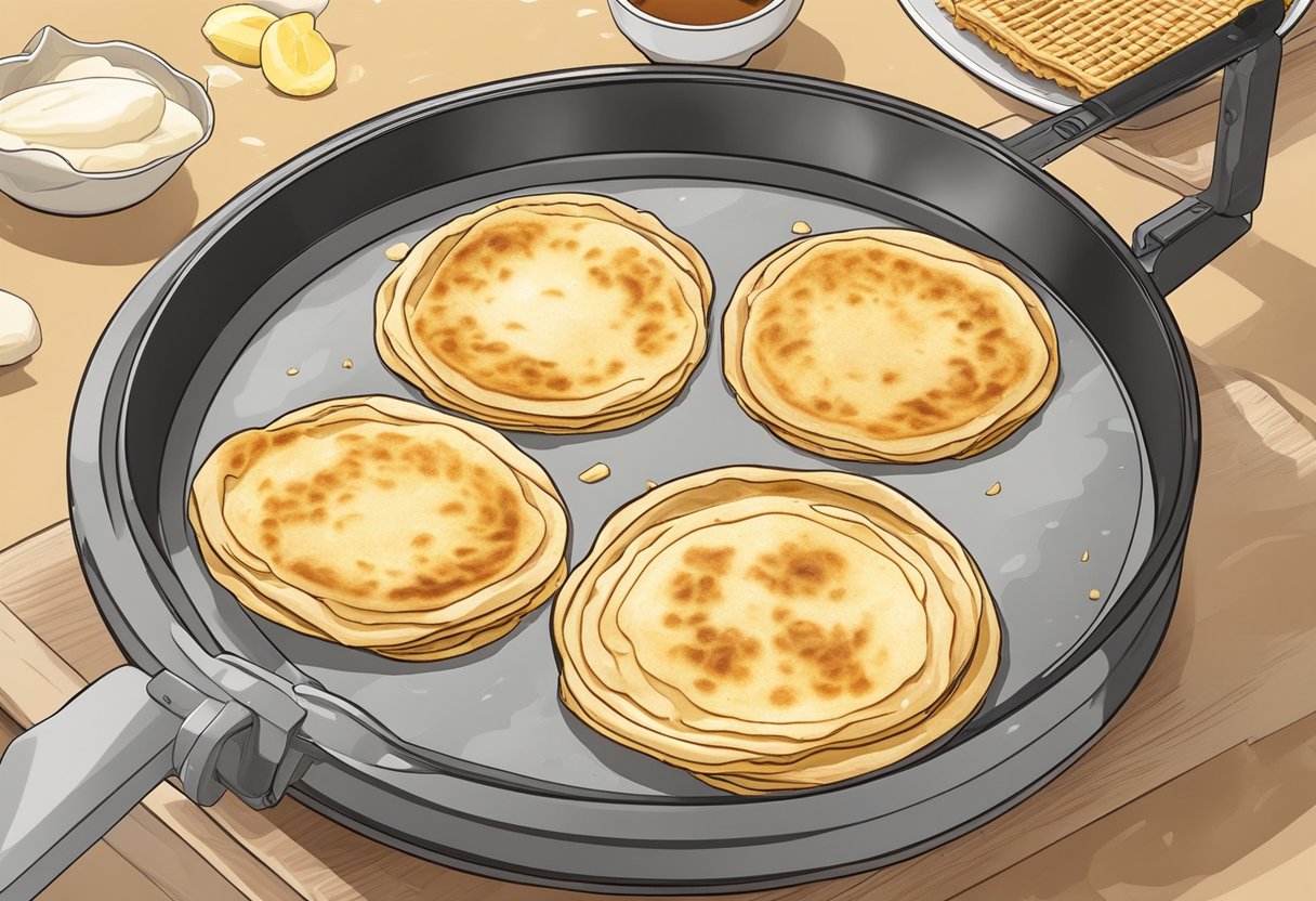A sizzling griddle cooks up golden-brown roti prata, releasing a tantalizing aroma of butter and spices. Steam rises as the flaky, crispy bread is expertly flipped and folded, ready to be served with a side of frag