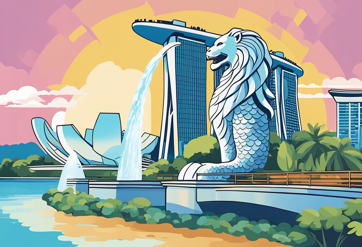 The iconic Merlion statue spouts water against the backdrop of the Marina Bay Sands and the Singapore Flyer. The skyline is dotted with the unique architecture of Gardens by the Bay and the ArtScience Museum