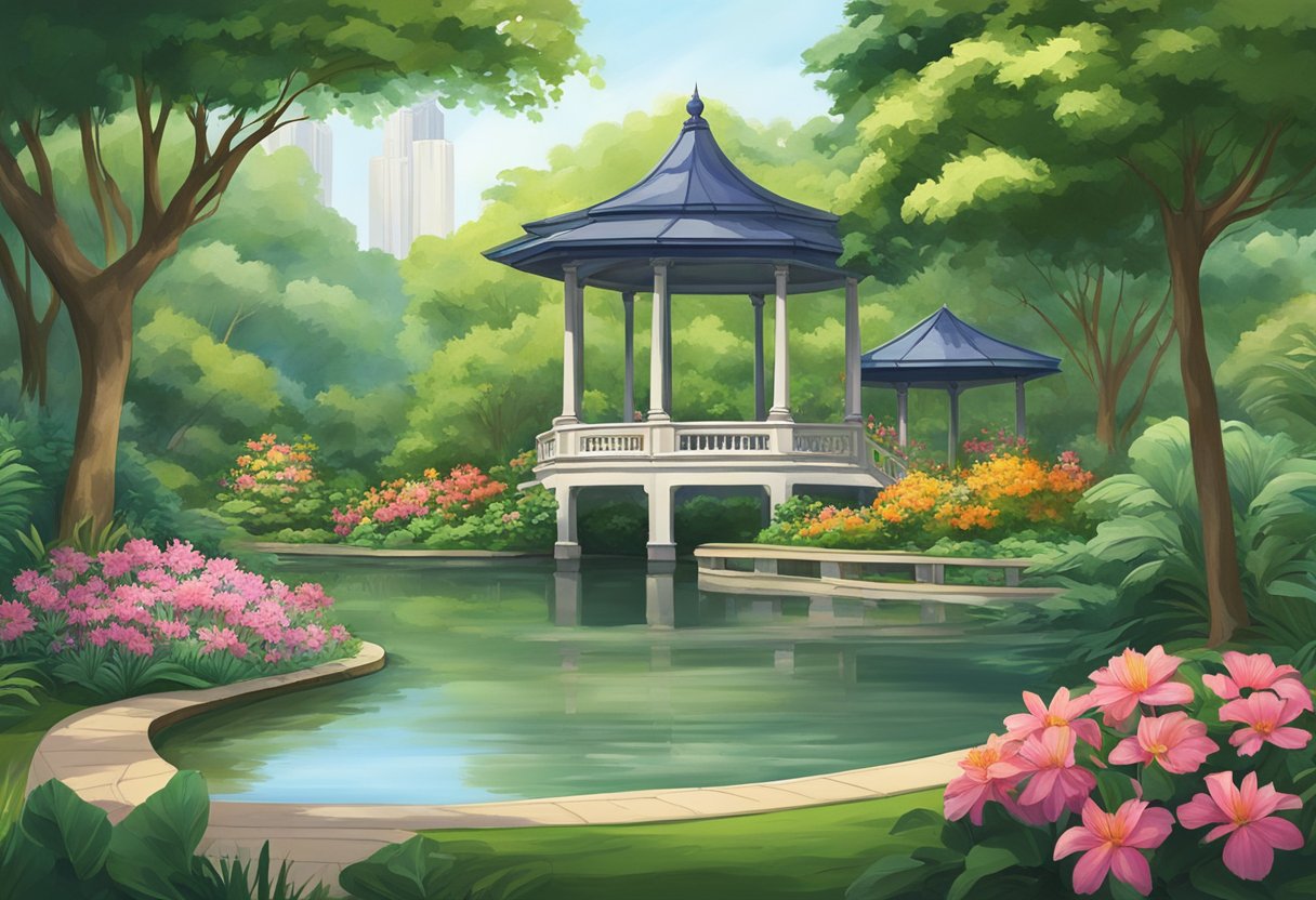 Lush greenery surrounds a serene pond, with a majestic gazebo in the distance. Vibrant flowers and tall trees line the pathways, creating a peaceful atmosphere at Queen Astrid Park, Singapore