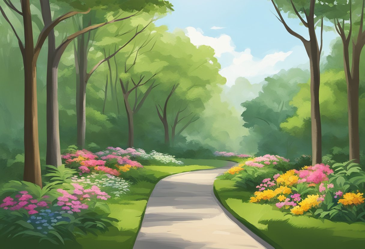 Lush greenery surrounds a winding pathway in Queen Astrid Park, with colorful flowers and tall trees creating a serene atmosphere