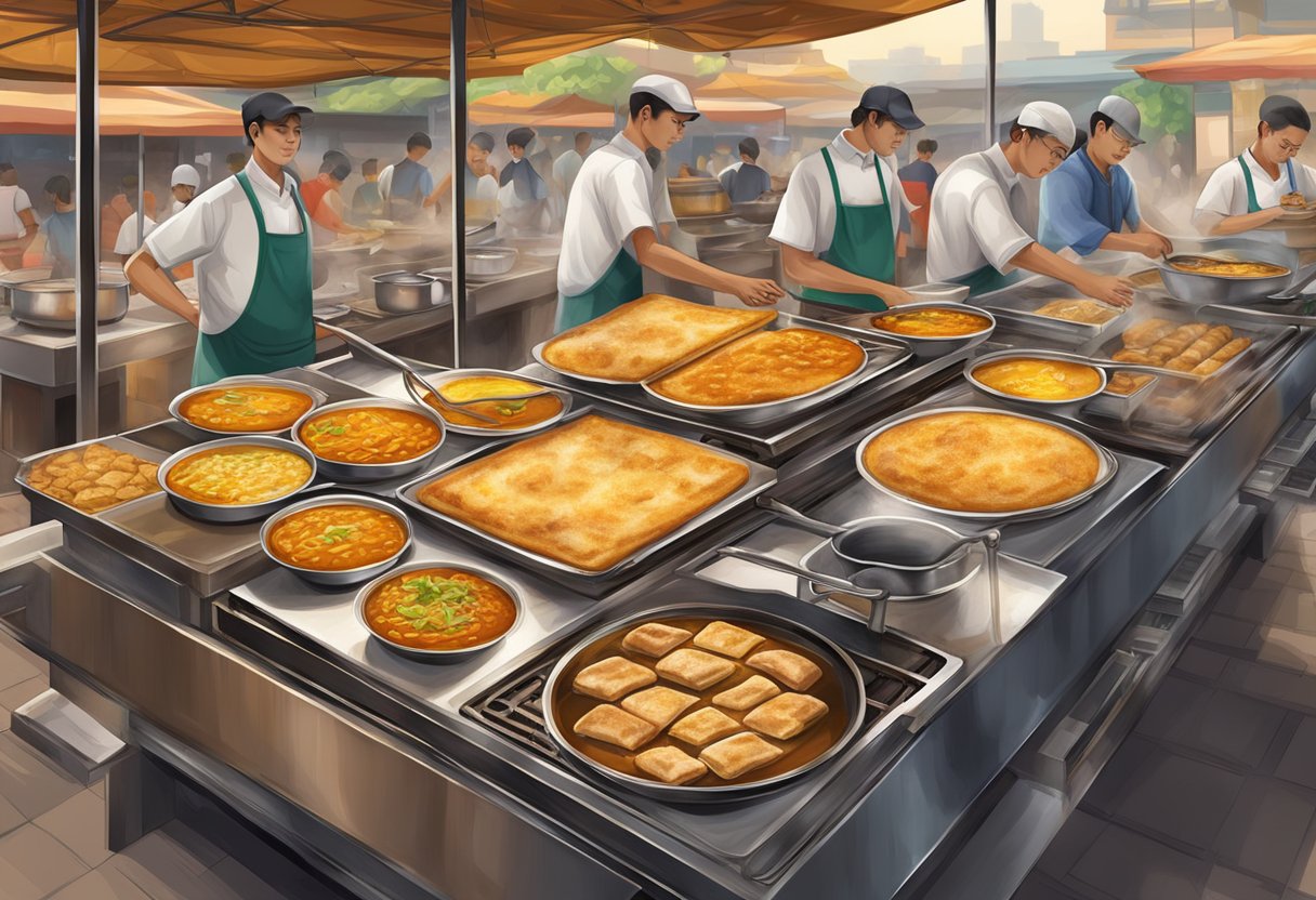 A bustling hawker center with stacks of crispy, golden-brown prata sizzling on hot griddles, surrounded by the aroma of fragrant curry and the sound of sizzling oil