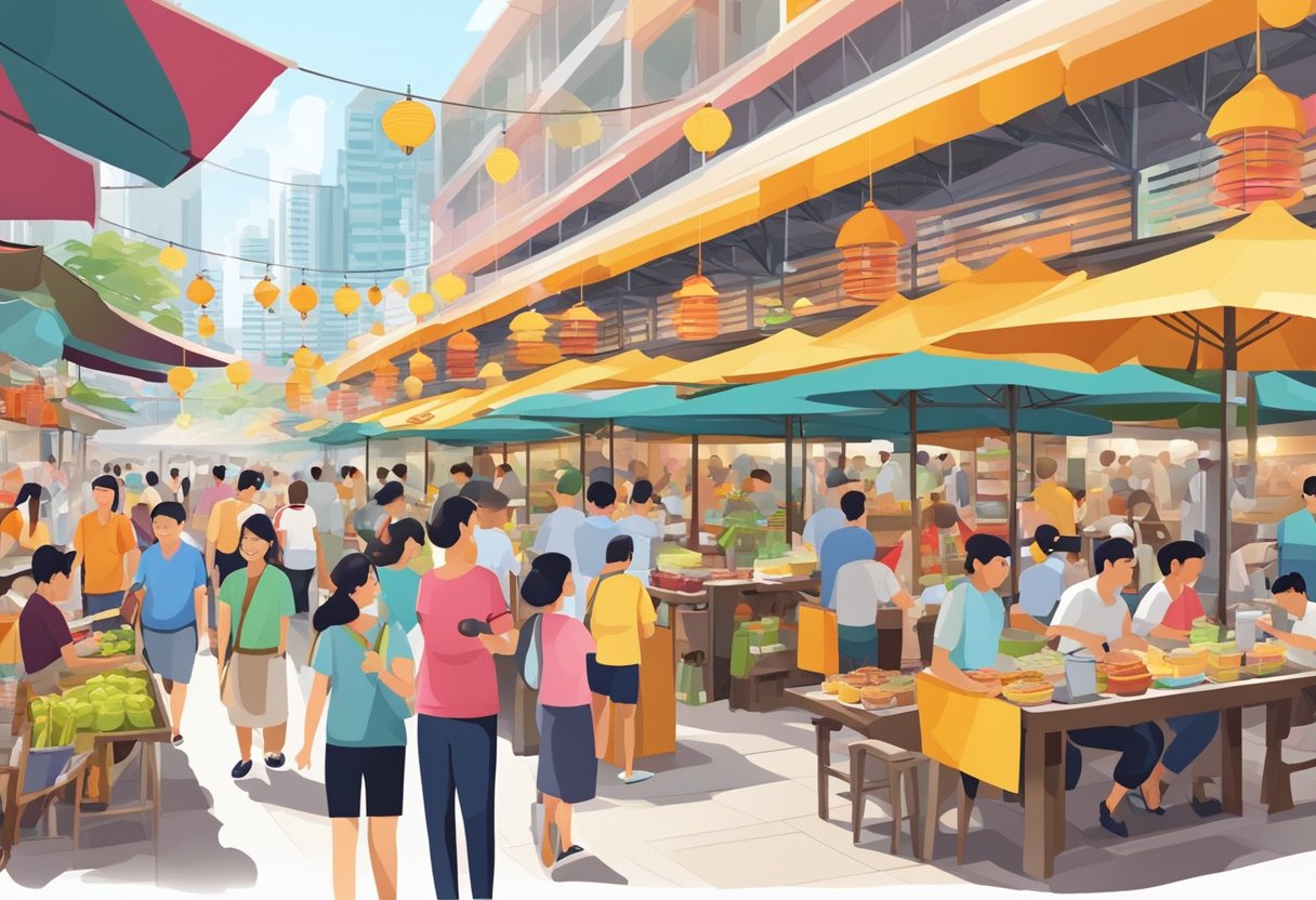 A bustling hawker center with colorful food stalls and lively customers in Singapore
