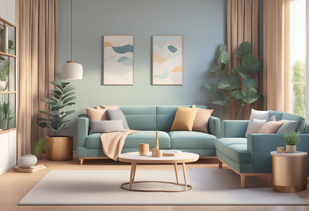 A cozy living room with a sleek, modern air cooler positioned in the corner, surrounded by comfortable furniture and a soft color palette