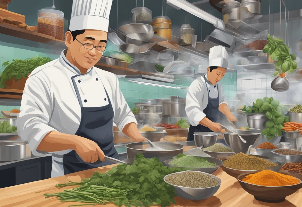 Vibrant spices and fresh herbs fill the air as a chef expertly grinds and mixes ingredients in a bustling Singaporean kitchen