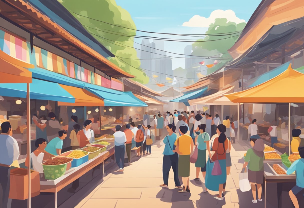A bustling hawker center with people queuing at food stalls, colorful signs, and a lively atmosphere