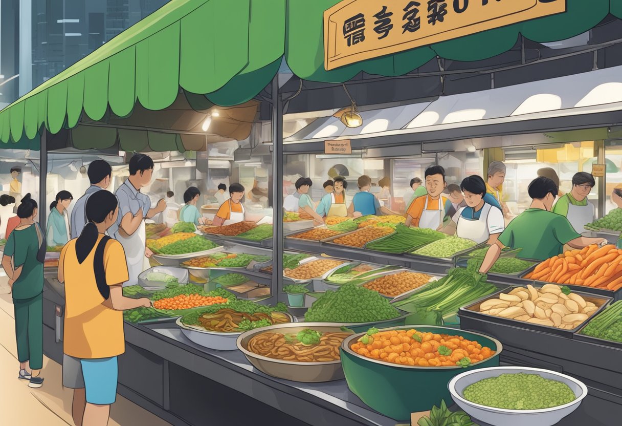 A bustling Singaporean market stall showcases a variety of vegetarian dishes with a sign reading "Frequently Asked Questions vegetarian food Singapore."