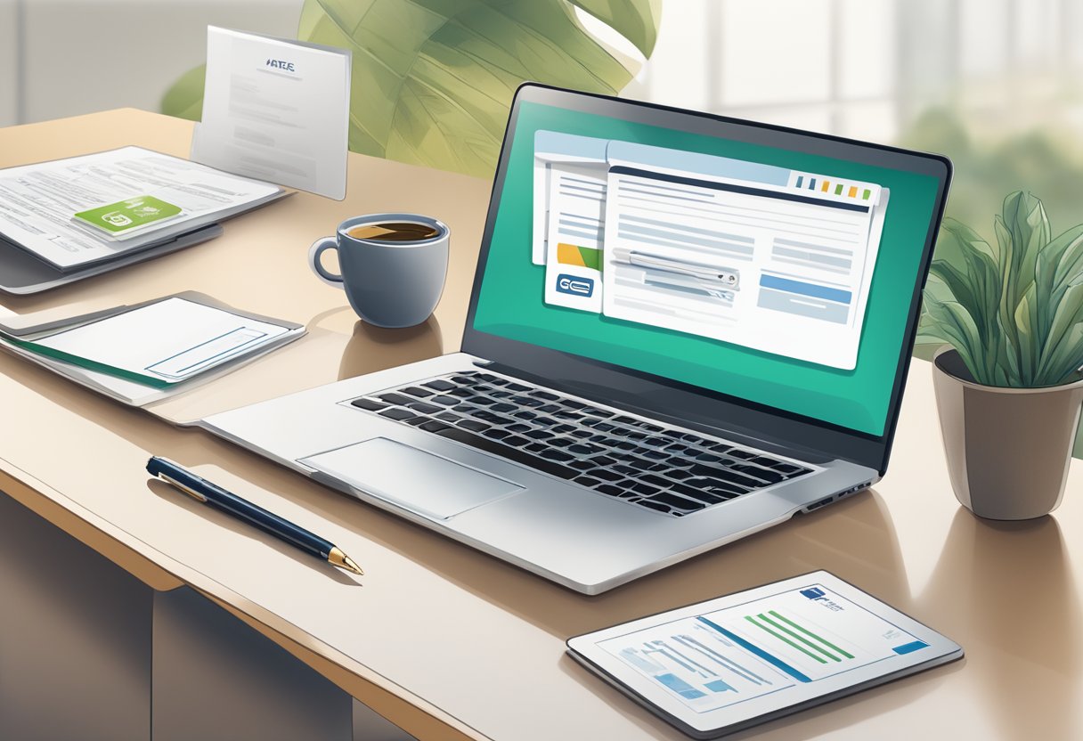 A table with a stack of FAQ cards, a pen, and a laptop displaying the APEC card application website