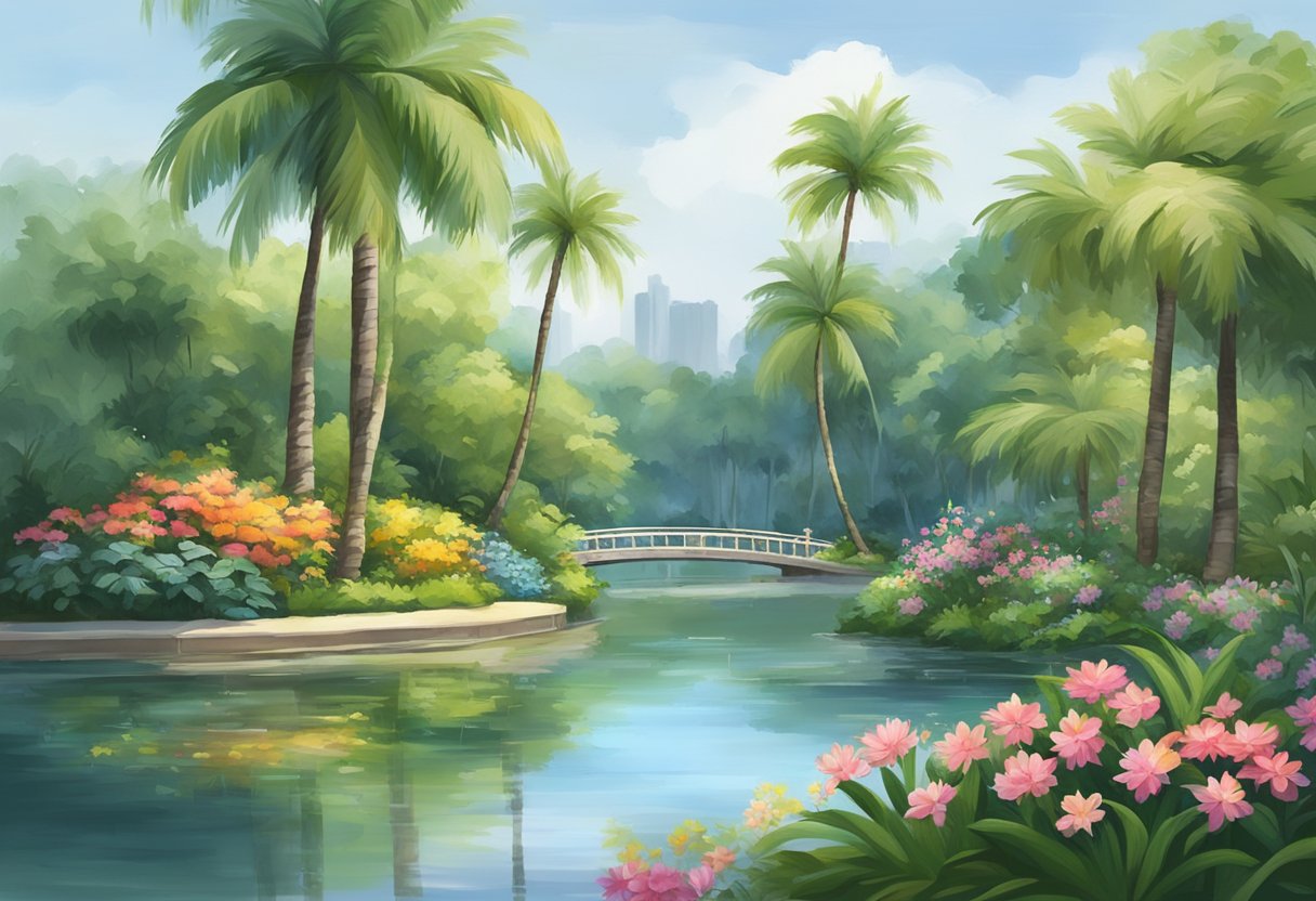 Lush greenery surrounds a tranquil pond in Rosemead, Singapore. Tall palm trees sway in the gentle breeze, while colorful flowers bloom along the water's edge