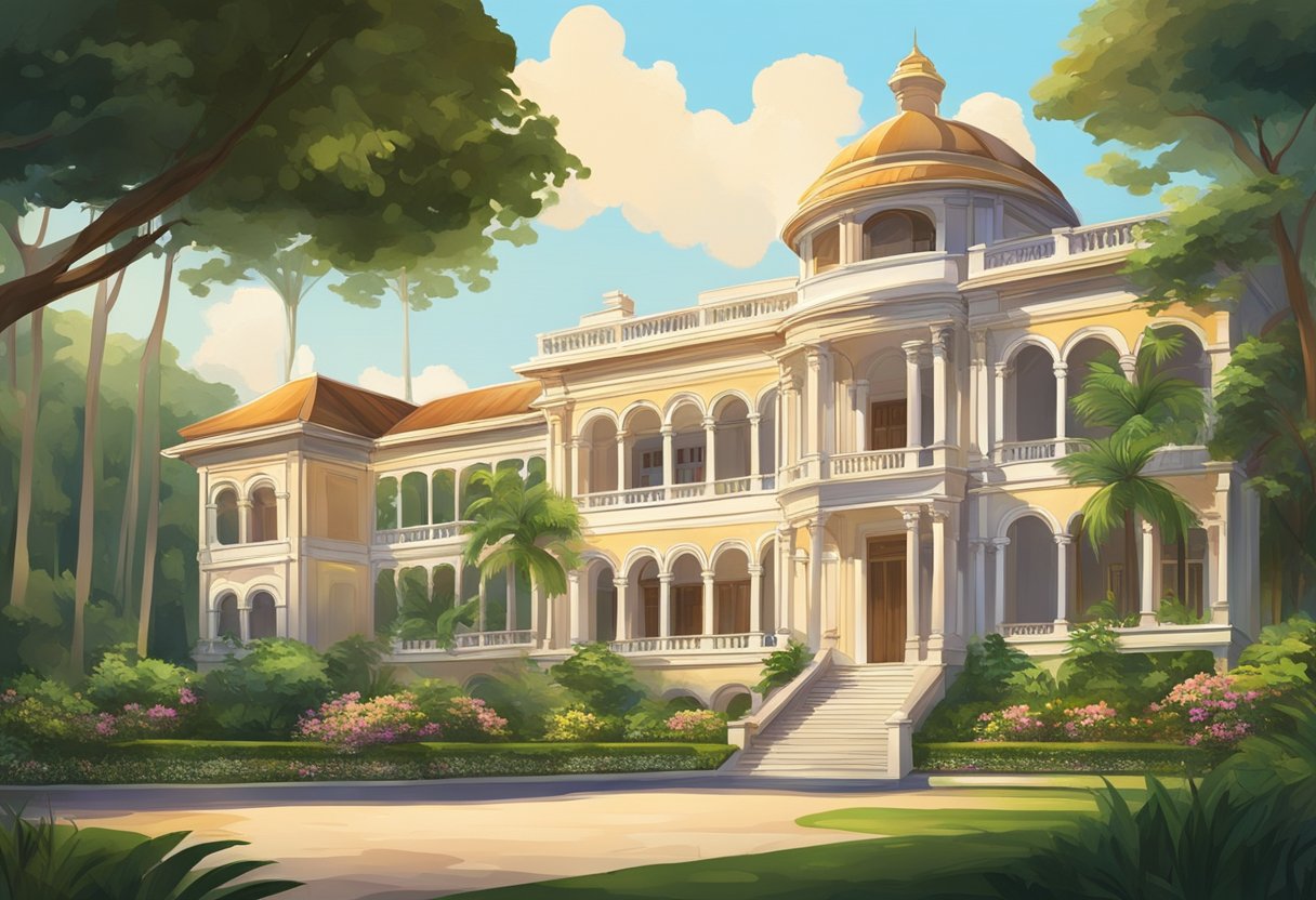 A grand mansion stands amidst lush gardens and towering trees in Queen Astrid Park, Singapore. The sun casts a warm glow over the elegant architecture, highlighting its beauty