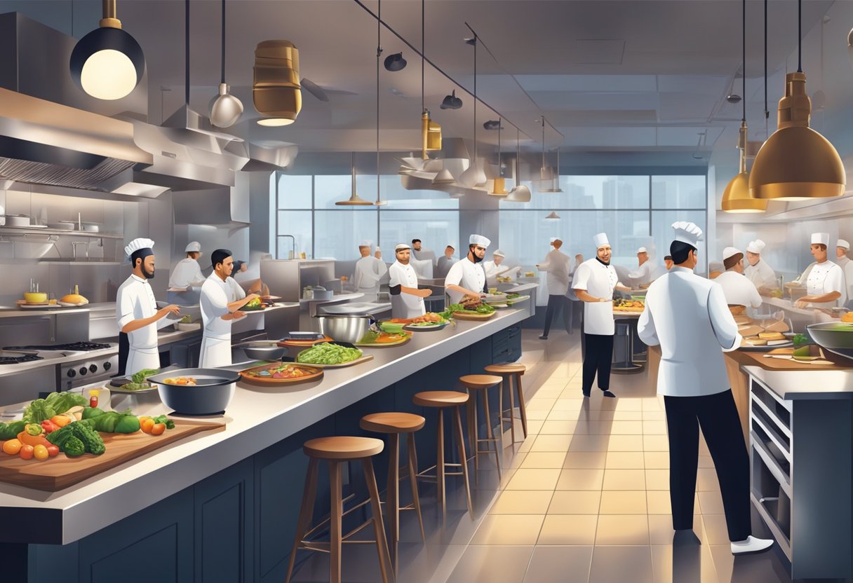 A bustling open kitchen with chefs preparing vibrant dishes, surrounded by diners enjoying their meals in a modern, elegant setting