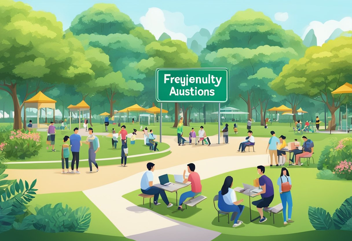 A bustling park with a prominent sign "Frequently Asked Questions" in Queen Astrid Park, Singapore