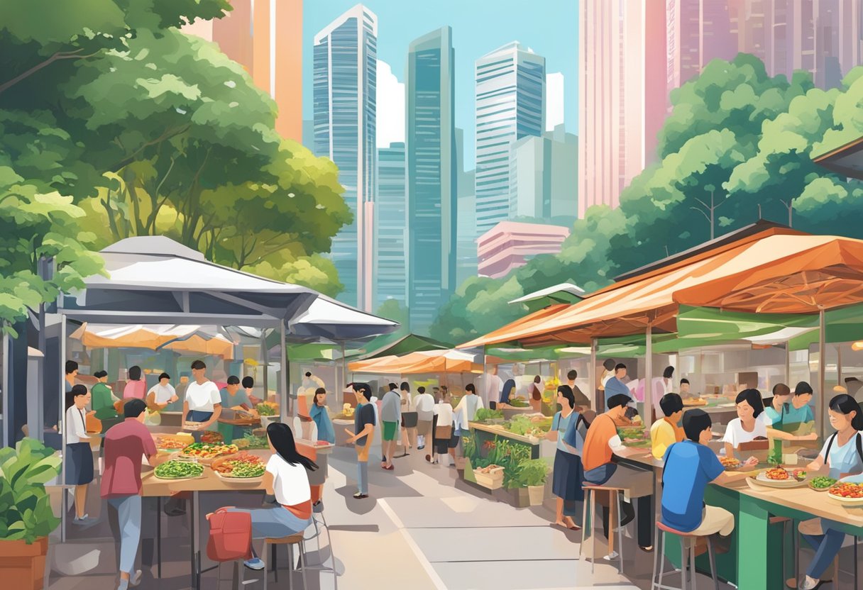 A bustling hawker center with colorful food stalls, surrounded by modern skyscrapers and lush greenery, showcasing the diverse culinary experiences of Singapore