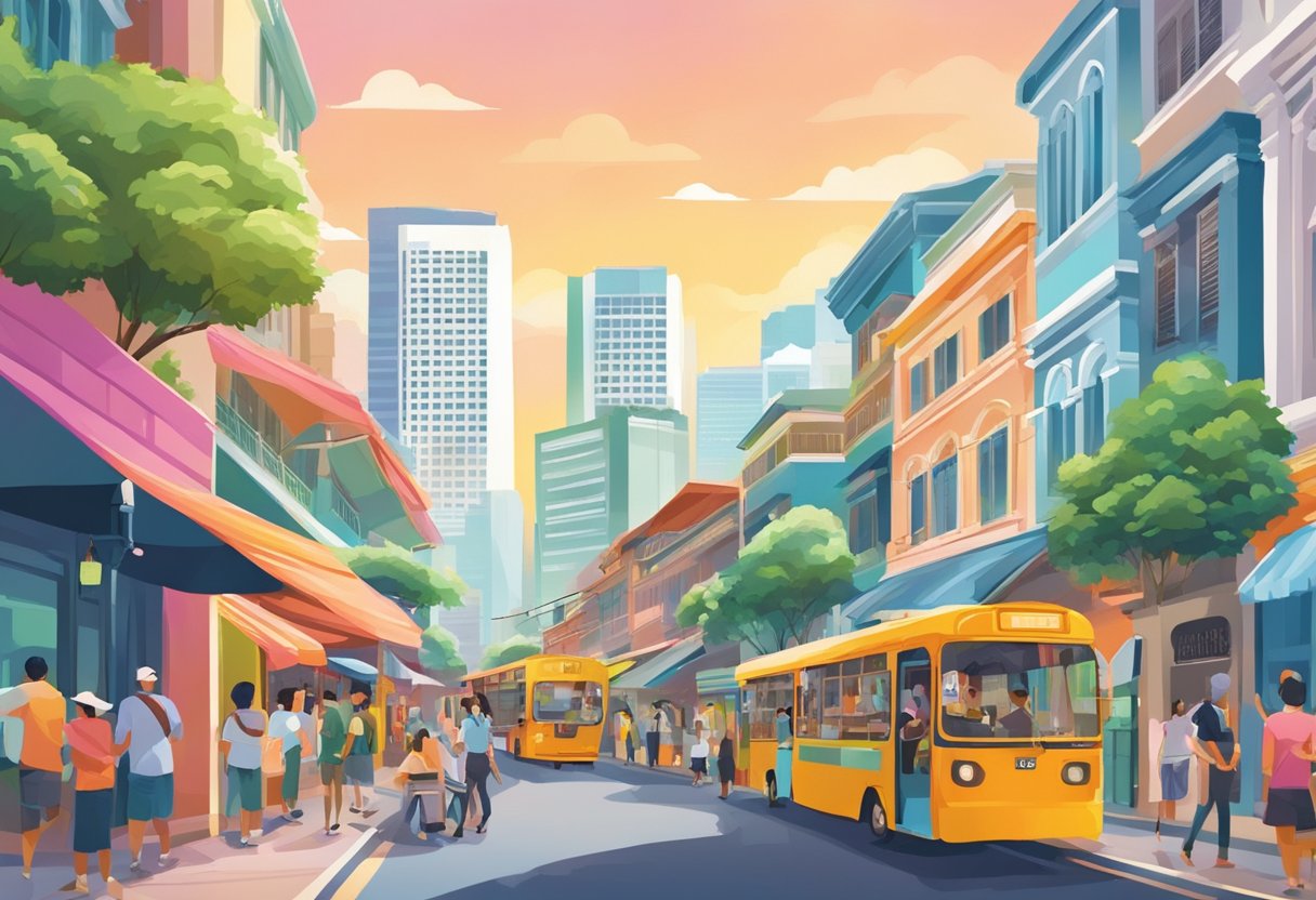 The bustling streets of Singapore are lined with colorful buildings and vibrant street vendors, creating a lively and energetic atmosphere