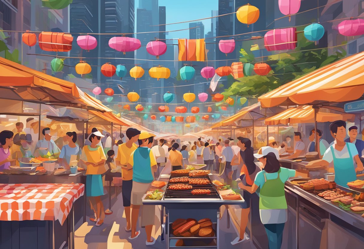 A colorful array of BBQ skewers sizzle on the grill, surrounded by bustling food stalls and vibrant street signs in Singapore