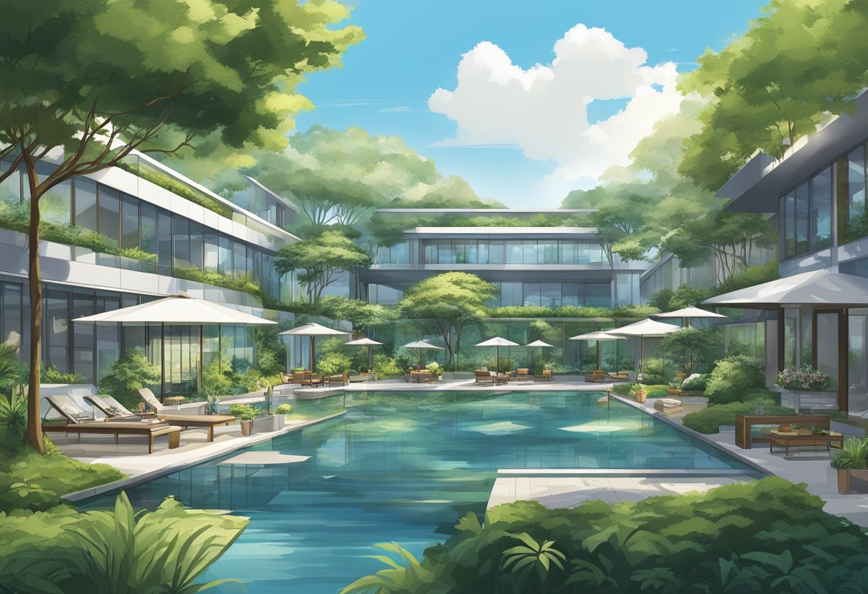 Rosemead in Singapore exudes a tranquil ambience with lush greenery and modern architecture, set against a backdrop of clear blue skies and serene waters