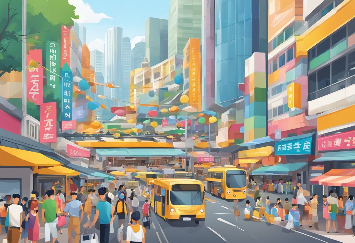 A bustling street in Singapore, with colorful signs and bustling crowds, surrounded by iconic landmarks and modern architecture