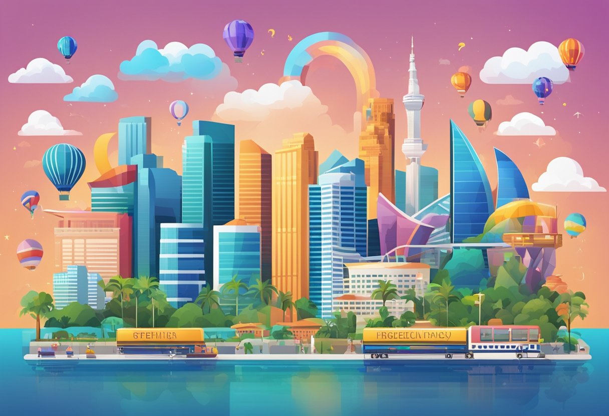 A colorful sign with "Frequently Asked Questions" in bold letters, surrounded by various symbols and icons, set against a backdrop of the Singapore skyline