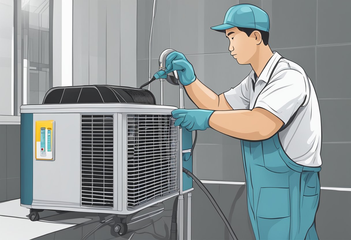 An air cooler being cleaned and maintained by a technician in Singapore