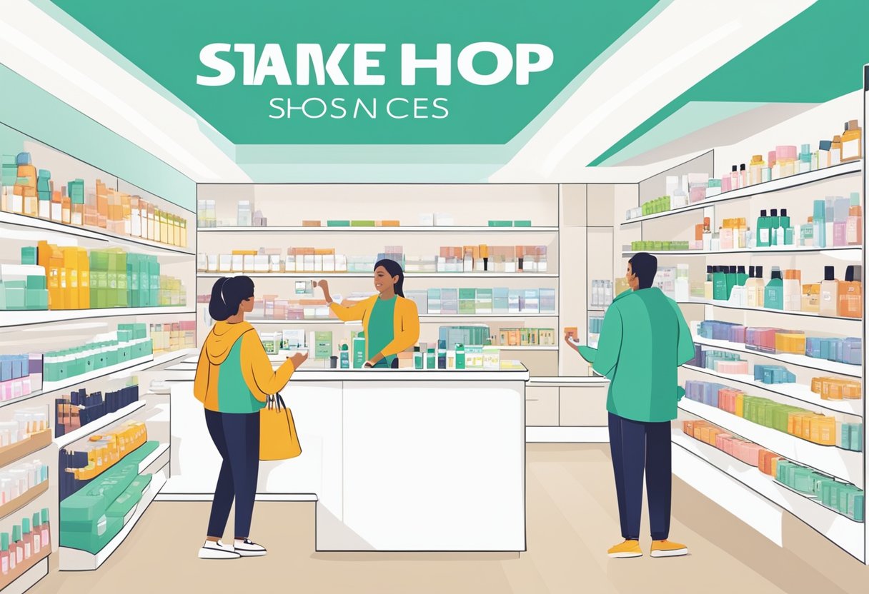 Customers browse shelves of skincare products in a modern, bright store. A sales associate assists a customer at the counter. The Face Shop logo is prominently displayed