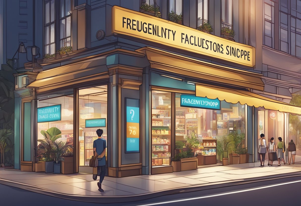 A bustling storefront with a prominent sign reading "Frequently Asked Questions face shop singapore." Bright lights and a welcoming atmosphere invite customers inside