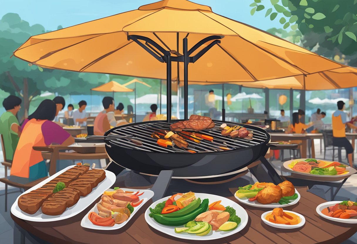 A sizzling grill with various meats and vegetables cooking over hot coals, surrounded by outdoor seating and colorful umbrellas at a bustling BBQ dining experience in Singapore